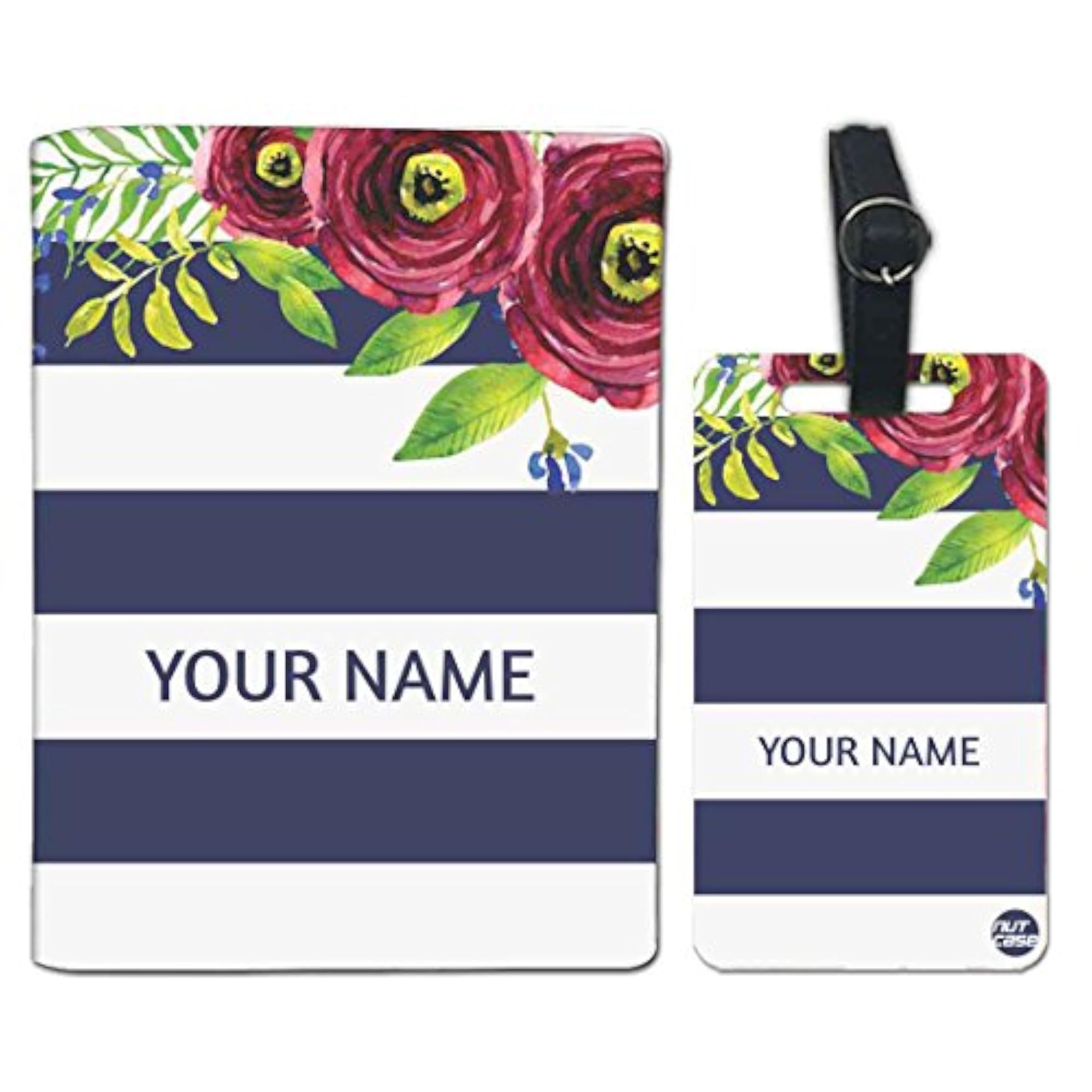 Personalized Flower with Blue Strips Passport Cover & Luggage Tag Set